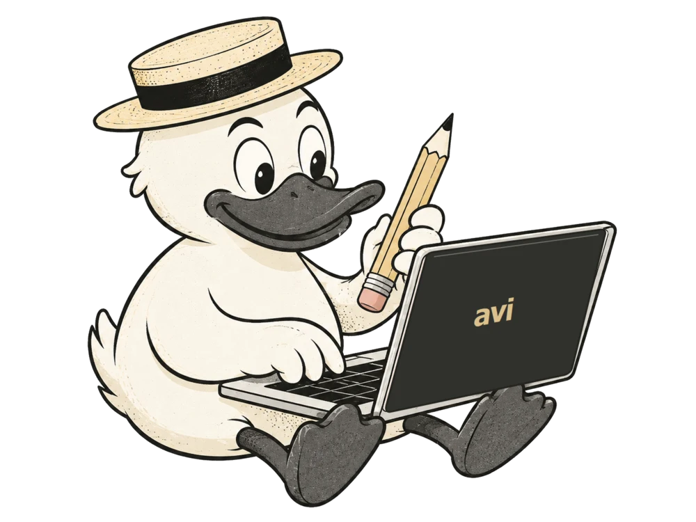 Avi's duck mascot, wearing his signature hat, working at a laptop with the Avi logo on its outer lid.